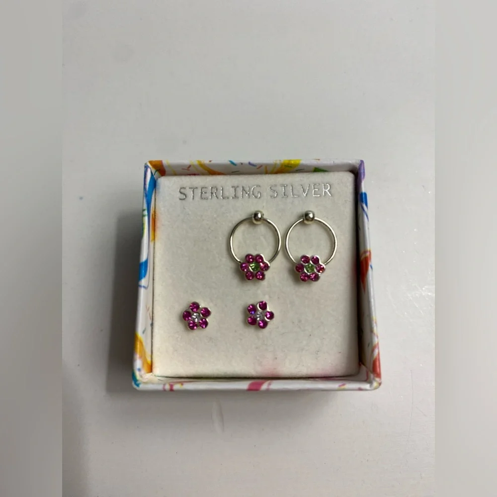 Girls Sterling Silver Earrings Hoops and Studs Pink Flower - NEW